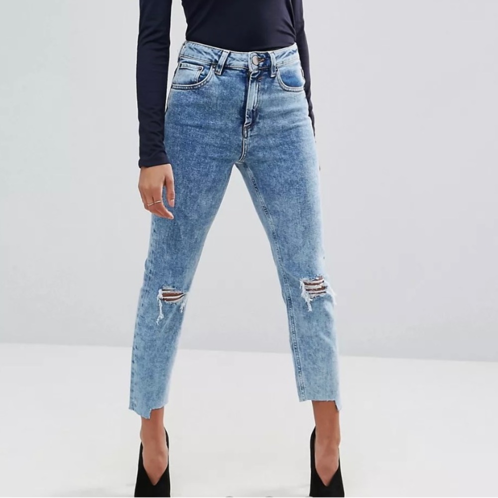 ASOS - Petite High Waist Slim Jeans w/ Asymmetrical Hem in Medium Blue (Size 28)